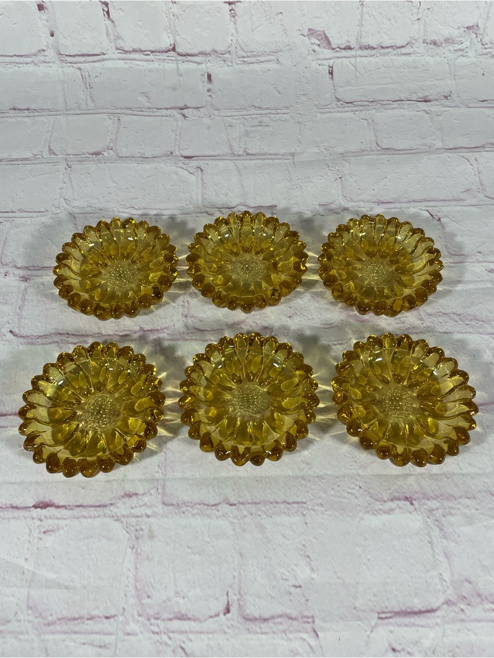 Vintage Hazel Atlas Amber Glass Sunflower Individual Ashtrays Trinket Dishes Set
